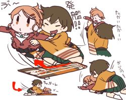 Rule 34 | 10s, aged down, aquila (kancolle), betchan, brown hair, collared shirt, flight deck, hair ornament, hairclip, hakama, hakama short skirt, hakama skirt, high ponytail, hiryuu (kancolle), japanese clothes, kantai collection, one side up, orange hair, shirt, short hair, skirt, translation request, wavy hair, white shirt, yellow eyes