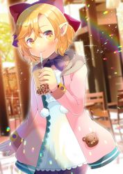 Rule 34 | 1girl, black pantyhose, blonde hair, blurry, blurry background, bow, bubble tea, chair, closed mouth, commission, cup, depth of field, dress, drinking straw, hair between eyes, hair bow, holding, holding cup, hood, hood down, hooded jacket, jacket, kou hiyoyo, lens flare, long sleeves, looking at viewer, original, pantyhose, pink jacket, red bow, skeb commission, sleeves past wrists, smile, solo, table, virtual youtuber, white dress, yellow eyes