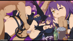Rule 34 | 1boy, 1girl, :&gt;=, :3, alcohol, animal ears, anus, artist name, ass, black dress, blair (soul eater), breasts, breasts out, cat ears, cat girl, cat tail, choker, doggystyle, dress, erection, fellatio, hat, highres, huge ass, large breasts, looking at another, lying, missionary, multiple views, nipples, oral, pink seito, prone bone, purple hair, sex, sex from behind, smile, smug, soul eater, spread legs, tail, vaginal, wide hips, witch, witch hat
