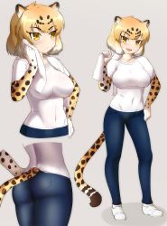 Rule 34 | 10s, 1girl, alternate costume, animal ears, ass, bad id, bad nicoseiga id, blonde hair, blush, breasts, casual, denim, elbow gloves, fang, full body, gloves, hand on own hip, iwahana, jaguar (kemono friends), jaguar ears, jaguar print, jaguar tail, jeans, kemono friends, large breasts, looking at viewer, multicolored hair, multiple views, open mouth, pants, shirt, short hair, short sleeves, smile, t-shirt, tail, towel