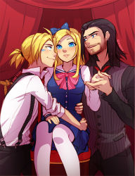 Rule 34 | 1girl, 2boys, alternate costume, artist name, black hair, black pants, black shirt, blonde hair, blue bow, blue dress, blue eyes, blush, bow, bowtie, curtains, dress, earrings, ezreal, hair bow, hetero, holding hands, jewelry, league of legends, long hair, long sleeves, lux (league of legends), medium hair, multiple boys, pants, pantyhose, parted lips, pink bow, pink bowtie, shirt, short hair, striped clothes, striped vest, suspenders, sylas, teeth, vest, vmat, white pantyhose, white shirt
