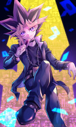 Rule 34 | 1boy, belt, black hair, black shirt, blonde hair, blue jacket, blue pants, bright pupils, card, chain, chirichiri ygo, crossed legs, full body, hieroglyphics, highres, holding, holding card, jacket, looking at viewer, male focus, millennium puzzle, multicolored hair, pants, purple eyes, purple hair, shirt, sitting, solo, throne, trading card, white pupils, yami yugi, yu-gi-oh!, yu-gi-oh! duel monsters