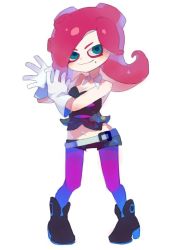 Rule 34 | 1girl, adapted costume, ankle boots, boots, breasts, cleavage, detached collar, eyeshadow, gloves, green eyes, makeup, midriff, mmlu (honwa karesu), mole, mole under mouth, nintendo, octoling, pantyhose, pantyhose under shorts, purple pantyhose, red hair, short shorts, shorts, smile, solo, splatoon (series), splatoon 1, takozonesu, tentacle hair, wavy mouth, white gloves