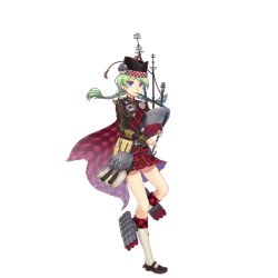 Rule 34 | 1girl, artist request, bagpipes, belfast (warship girls r), black hat, braid, carrying, carrying under arm, checkered clothes, checkered skirt, full body, green hair, hat, hms belfast (zhan jian shao nyu), holding, instrument, kilt, kneehighs, mecha musume, personification, sash, skirt, socks, swept bangs, thighs, torpedo, torpedo tubes, transparent background, turret, twin braids, two-handed, warship girls r, white socks