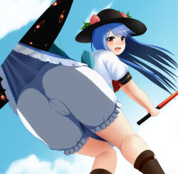 Rule 34 | 1girl, artist request, ass, bloomers, blue hair, blush, boots, cameltoe, clothes pull, dress, dress pull, embarrassed, from behind, from below, frown, gap (touhou), hat, highres, hinanawi tenshi, long hair, looking back, open mouth, red eyes, solo focus, sword of hisou, touhou, underwear, very long hair