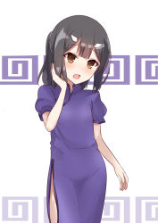 Rule 34 | 1girl, :o, absurdres, alternate costume, arm at side, black hair, blush, brown eyes, china dress, chinese clothes, cowboy shot, dress, fate/kaleid liner prisma illya, fate (series), hair ornament, hairclip, hand up, head tilt, highres, looking at viewer, miyu edelfelt, natsu (sinker8c), open mouth, ponytail, puffy short sleeves, puffy sleeves, purple dress, raised eyebrows, short hair, short sleeves, side slit, sidelocks, solo, standing, tareme, two-tone background, white background