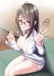 Rule 34 | 1girl, :d, bare legs, blush, breasts, brown eyes, brown hair, chair, cleavage, collared shirt, commentary request, dated, glasses, highres, holding, indoors, large breasts, legs together, long hair, long sleeves, mimikaki, nekobaka, open mouth, original, red-framed eyewear, shirt, short shorts, shorts, sidelocks, signature, sitting, smile, solo, swept bangs, thighs, white shirt, wooden floor