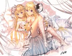 Rule 34 | 2girls, aile (crossroads), artist name, ass, bare shoulders, blonde hair, blush, bouquet, breasts, choker, cleavage, closed mouth, collarbone, commentary request, criss-cross halter, crown, curtains, dress, flower, frilled pillow, frills, gloves, halterneck, high heels, highres, large breasts, long hair, looking at viewer, lying, mini crown, multiple girls, on back, original, panties, pillow, purple eyes, revision, rose, shoes, signature, thighhighs, thighhighs pull, tilted headwear, underwear, very long hair, white background, white choker, white dress, white footwear, white gloves, white legwear, white panties, yellow flower, yellow rose