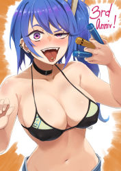 Rule 34 | 1girl, 20mm grenade, 20x30mm grenade, 20x30mm lv heab k167, 20x30mm lv p k168, airburst round, ammunition, anniversary, anti-materiel cartridge, bare shoulders, bikini, bikini top only, blue hair, blush, breasts, cannon cartridge, choker, cleavage, commentary, covered erect nipples, dated, denim, denim shorts, dummy round, earrings, english commentary, explosive, fragmentation grenade, fragmentation warhead, girls&#039; frontline, grenade, grenade cartridge, hair ornament, high-explosive airburst round, high-explosive cartridge, highres, jewelry, k11 (girls&#039; frontline), kion-kun, large-caliber cartridge, large breasts, looking at viewer, military cartridge, navel, piercing, precision-guided munition, purple eyes, shorts, side ponytail, smart grenade, solo, subsonic ammunition, swimsuit, teeth, tongue, tongue out, tongue piercing, twitter username, upper body, upper teeth only