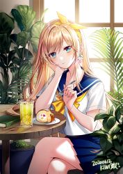 Rule 34 | 1girl, aqua eyes, blonde hair, blue skirt, book, cake, closed mouth, crossed legs, cup, dated, drink, drinking glass, earrings, fern, food, fork, fruit, hair ribbon, hand on own face, highres, holding, holding fork, indoors, jewelry, kiwi (pixiv6429539), leaf, lemon, lemon slice, long hair, original, plant, plate, pleated skirt, potted plant, ribbon, school uniform, serafuku, shirt, signature, sitting, skirt, solo, swiss roll, table, thighs, white shirt, window, yellow neckwear