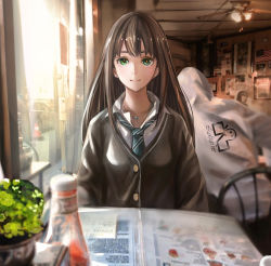 Rule 34 | 10s, 1girl, american flag, artist name, brown hair, buttons, car, cardigan, ceiling fan, chair, ckuxhunter, green eyes, highres, idolmaster, idolmaster cinderella girls, indoors, jewelry, ketchup, long hair, looking at viewer, menu, motor vehicle, necklace, necktie, plant, pov across table, restaurant, shibuya rin, sitting, smile, solo focus, striped necktie, striped neckwear, table, traffic cone, vehicle, window