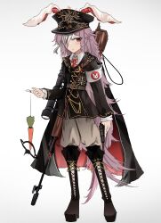 Rule 34 | 1girl, absurdres, alternate costume, animal ears, bandage over one eye, black cape, black footwear, black hat, blood, cape, carrot, closed mouth, commentary, cross-laced footwear, english commentary, gun, hat, highres, holding, holding gun, holding weapon, long hair, long sleeves, looking at viewer, military uniform, ougiikun, peaked cap, purple hair, rabbit ears, rabbit girl, red eyes, reisen udongein inaba, solo, touhou, uniform, weapon