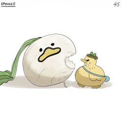 Rule 34 | angry, bird, bite mark, blue bag, commentary, diva (hyxpk), duck, duckling, eating, english commentary, frog headband, highres, no humans, numbered, original, page number, simple background, turnip, white background