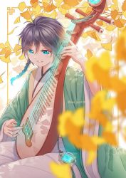 Rule 34 | 1boy, androgynous, black hair, blue hair, blurry, blurry foreground, braid, chinese clothes, chinese commentary, commentary, genshin impact, ginkgo leaf, gradient hair, green eyes, holding, holding instrument, instrument, leaf, long sleeves, male focus, multicolored hair, open mouth, pipa (instrument), short hair with long locks, simple background, sitting, smile, solo, symbol-only commentary, tassel, twin braids, twitter username, venti (genshin impact), vision (genshin impact), white background, wide sleeves, yue yue1102
