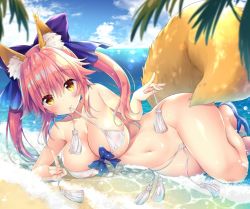 Rule 34 | 1girl, animal ear fluff, animal ears, bikini, bikini top only, blue bow, blue sky, blush, bow, breasts, cleavage, cloud, cloudy sky, collarbone, day, fate/grand order, fate (series), fox ears, fox shadow puppet, fox tail, front-tie top, hair bow, hand gesture, horizon, large breasts, long hair, looking at viewer, lying, micro bikini, micro bikini top, mouth hold, navel, ocean, official alternate costume, on side, outdoors, palm tree, pink hair, sasorigatame, see-through, shiny skin, sky, swimsuit, tail, tamamo (fate), tamamo no mae (fate/extra), tamamo no mae (sexy bikini) (fate), tassel, thighs, tree, twintails, untied bikini, wet, white bikini, yellow eyes