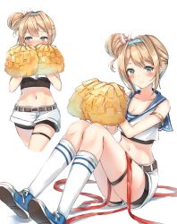 Rule 34 | 1girl, belt, bike shorts, bike shorts under shorts, blue eyes, blush, breasts, buckle, character name, cheerleader, cleavage, closed mouth, collarbone, covered mouth, crop top, embarrassed, girls&#039; frontline, hair between eyes, hair bun, hair intakes, hair ornament, hairband, highres, holding, holding pom poms, kneehighs, lace-up shoes, layered clothes, light brown hair, long hair, looking at viewer, looking away, medium breasts, midriff, multiple views, munape, navel, pom pom (cheerleading), pom poms, sailor collar, shoes, short shorts, shorts, side bun, sidelocks, simple background, single side bun, skirt, sleeveless, sneakers, snowflake hair ornament, socks, suomi (girls&#039; frontline), thigh strap, white background, white shorts, white socks
