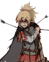 Rule 34 | 1girl, absurdres, alternate costume, arm at side, armor, arrow in armor, black cape, blonde hair, blood, blood on face, cape, fate (series), greco-roman clothes, green eyes, grimace, highres, jason kim, mordred (fate), mordred (fate/apocrypha), red scrunchie, red skirt, roman clothes, scale armor, scrunchie, shoulder grab, sketch, skirt, smirk, solo, sword, weapon, white background