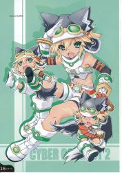 Rule 34 | 1girl, animal ears, blonde hair, chibi, crop top, cyberconnect2, fang, goggles, green eyes, hat, highres, midriff, multiple persona, navel, neptune (series), one eye closed, open mouth, short hair, smile, solo, tail, tears