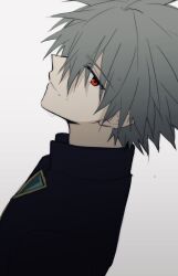 1boy absurdres black_shirt closed_mouth collared_shirt dutch_angle evangelion:_3.0+1.0_thrice_upon_a_time grey_background grey_hair hair_between_eyes highres looking_at_viewer male_focus nagisa_kaworu neon_genesis_evangelion rebuild_of_evangelion red_eyes shirt short_hair simple_background solo tousok upper_body