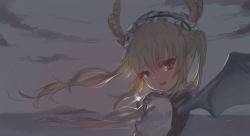 Rule 34 | 1girl, :d, black dress, black hairband, black wings, blonde hair, brown eyes, cloud, dokomon, dragon horns, dress, fang, floating hair, frilled hairband, frills, from side, hair between eyes, hairband, horizon, horns, kobayashi-san chi no maidragon, long hair, looking at viewer, looking to the side, night, night sky, ocean, open mouth, outdoors, puffy short sleeves, puffy sleeves, shirt, short sleeves, sky, sleeveless, sleeveless dress, smile, solo, tohru (maidragon), twintails, upper body, water, white shirt, wings