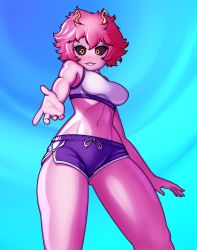 Rule 34 | 1girl, absurdres, antlers, arm at side, armpits, artist request, ashido mina, bare shoulders, black sclera, blue sky, boku no hero academia, breasts, cameltoe, collarbone, colored sclera, colored skin, crop top, day, eyelashes, female focus, from below, gluteal fold, happy, highres, horns, huge filesize, legs, looking at viewer, medium breasts, midriff, navel, neck, outdoors, pants, pink hair, pink skin, pov, shiny skin, shirt, short hair, short shorts, shorts, skin tight, sky, sleeveless, sleeveless shirt, smile, standing, thighs, tight clothes, tight pants, tight shirt