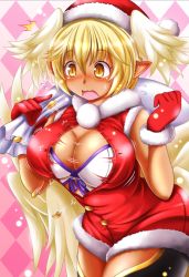 Rule 34 | 1girl, alternate costume, blonde hair, blush, breasts, bursting breasts, buttons, christmas, cleavage, dark skin, dark-skinned female, embarrassed, full-face blush, fur trim, gloves, hat, head wings, kittan (cve27426), large breasts, lilith (shinrabanshou), low wings, open mouth, pointy ears, popped button, red gloves, sack, santa costume, santa hat, shinrabanshou, short hair, sleeveless, slit pupils, solo, ^^^, sweatdrop, wings, yellow eyes