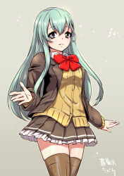 Rule 34 | 1girl, aqua eyes, aqua hair, artist name, ascot, blazer, bow, breasts, brown skirt, brown thighhighs, cardigan, cowboy shot, frilled skirt, frills, grey background, hair ornament, hairclip, jacket, kantai collection, long hair, looking at viewer, open cardigan, open clothes, pleated skirt, red bow, remodel (kantai collection), school uniform, shungikuten, simple background, skirt, smile, solo, suzuya (kancolle), thighhighs, vest