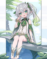 Rule 34 | 1girl, blue sky, bracelet, cloud, commentary, detached sleeves, dress, elf, eyelashes, flat chest, genshin impact, gradient background, green dress, green eyes, green hair, grey hair, hair ornament, hand up, highres, jewelry, leaf, legs, long hair, looking at viewer, luckyeldayo, nahida (genshin impact), open mouth, pointy ears, side ponytail, sidelocks, sitting on branch, sky, smile, solo, stirrup footwear, thighs, toeless footwear, toes, white footwear