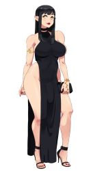 Rule 34 | 1futa, bag, blunt bangs, bracelet, breasts, bulge, dress, elf, futanari, handbag, high heels, highres, illboxart, jewelry, large breasts, large penis, nail polish, no panties, penis, pointy ears, solo, wide hips, yellow eyes