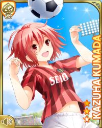 Rule 34 | 1girl, ball, blue sky, card (medium), character name, collarbone, day, earrings, girlfriend (kari), jewelry, kumada kazuha, looking at viewer, matching hair/eyes, official art, open mouth, outdoors, qp:flapper, red eyes, red hair, red shirt, shirt, short hair, shorts, sky, smile, soccer ball, soccer uniform, sportswear, striped clothes, striped shirt, tagme, white shorts