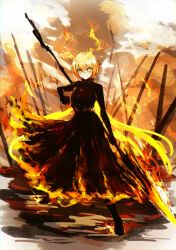 Rule 34 | 1girl, absurdres, akita (akitakipuromun), antennae, black dress, black gloves, blonde hair, closed mouth, don quixote (project moon), dress, e.g.o (project moon), embers, fiery clothing, fire, gloves, highres, holding, holding polearm, holding weapon, limbus company, long sleeves, looking at viewer, polearm, project moon, short hair, smoke, solo, spear, weapon, yellow eyes