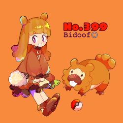 Rule 34 | 1girl, bad id, bad pixiv id, bag, bidoof, blush, blush stickers, bobby socks, brown dress, brown eyes, brown footwear, brown hair, buck teeth, character name, child, creatures (company), dress, english text, female focus, flat chest, full body, game freak, gen 4 pokemon, happy, long hair, looking to the side, narumame, nintendo, orange background, own hands together, personification, poke ball, poke ball (basic), pokedex number, pokemon, pokemon (creature), purple eyes, shoes, simple background, smile, socks, standing, teeth, text focus, v arms