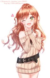 Rule 34 | 1girl, ;d, bang dream!, beige sweater, belt, blush, brown hair, chinobara, commentary request, dress, earrings, green eyes, half updo, heart, imai lisa, jewelry, long hair, long sleeves, looking at viewer, one eye closed, open mouth, own hands together, pendant, rabbit earrings, ribbed sweater, simple background, smile, solo, sweater, sweater dress, watermark, web address, white background