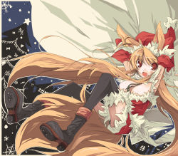 Rule 34 | 1girl, animal ears, arm up, bad id, bad pixiv id, black thighhighs, boots, breasts, brown hair, christmas, christmas tree, cleavage, detached sleeves, endou chihiro, fox ears, fox tail, hat, kuu (endou chihiro), long hair, open mouth, original, red eyes, sack, santa costume, santa hat, small breasts, solo, source request, tail, thighhighs, tree