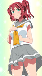 Rule 34 | 1girl, aqua eyes, artist name, artist request, bare legs, bare shoulders, blush, breasts, collarbone, doki2sdale, female focus, green eyes, grey sailor collar, grey skirt, hair between eyes, hand on own chest, highres, kurosawa ruby, long hair, looking at viewer, love live!, love live! sunshine!!, medium breasts, miniskirt, neckerchief, necktie, orange neckerchief, parted lips, plaid, plaid skirt, pleated, pleated skirt, red hair, sailor collar, school uniform, shirt, short hair, skirt, smile, solo, sparkle, tie clip, twintails, two side up, uranohoshi school uniform, white shirt
