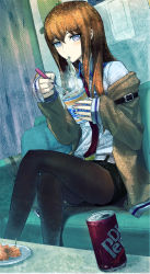 Rule 34 | 1girl, can, crossed legs, dr pepper, eating, food, fork, fura, jacket, long hair, makise kurisu, nissin cup noodle, noodles, pantyhose, pantyhose under shorts, shorts, sitting, solo, steins;gate