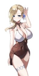Rule 34 | 1girl, absurdres, adjusting hair, arm up, azur lane, blonde hair, blue eyes, breasts, brown choker, choker, cleavage, closed mouth, collar, commentary request, covered navel, flower, hair flower, hair ornament, hand up, highres, hood (azur lane), hood (lady of the shining sun) (azur lane), impossible clothes, large breasts, looking at viewer, maanu, navel, official alternate costume, see-through, simple background, smile, solo, standing, swimsuit, thigh strap, thighs, white background
