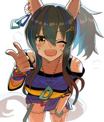 Rule 34 | 1girl, ;d, animal ears, blue hair, blush, brown hair, commentary, daitaku helios (umamusume), ear covers, hair ornament, hairclip, highres, horse ears, horse girl, horse tail, jewelry, looking at viewer, multicolored hair, nail polish, necklace, off-shoulder shirt, off shoulder, one eye closed, open mouth, pointing, pointing at viewer, shirt, short shorts, shorts, side ponytail, simple background, smile, solo, streaked hair, tail, takuan (taku1219oekaki), two-tone hair, umamusume, white background, white shorts, yellow eyes