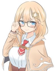 Rule 34 | 1girl, :&gt;, bakedmonogamy, bespectacled, blonde hair, blue eyes, blush, breasts, capelet, commentary, glasses, hair behind ear, hair ornament, high-waist skirt, hololive, hololive english, looking to the side, medium breasts, medium hair, necktie, red necktie, short necktie, skirt, smile, solo, upper body, virtual youtuber, watson amelia, watson amelia (1st costume)
