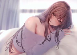 Rule 34 | 1girl, amane ruri, bare shoulders, bed sheet, blanket, blurry, blurry background, blush, brown eyes, brown hair, closed mouth, depth of field, fingernails, fur sweater, grey nails, indoors, long fingernails, long hair, long sleeves, looking at viewer, lying, mole, mole on arm, nail polish, on bed, on stomach, original, pov across bed, purple sweater, sleeves past wrists, smile, solo, sweater, under covers, upper body