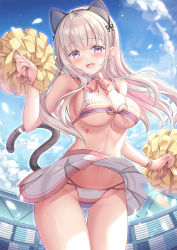 Rule 34 | 1girl, animal ears, armpits, bad id, bad twitter id, bikini, blonde hair, blush, breasts, cheering, cheerleader, cleavage, covered navel, day, fake animal ears, hair ornament, highres, holding, holding pom poms, large breasts, long hair, looking at viewer, midriff, miniskirt, open mouth, original, outdoors, pleated skirt, pom pom (cheerleading), pom poms, shirakawako, shoes, skirt, sleeveless, smile, sneakers, solo, swimsuit, tail