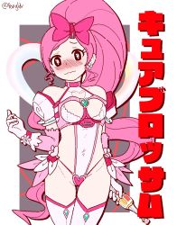 Rule 34 | 1girl, armor, blush, border, bow, breasts, brown eyes, cameltoe, choker, cleavage cutout, clothing cutout, collar, crossover, cuffs, cure blossom, flower tact, frills, gloves, hair ornament, hairclip, hanasaki tsubomi, heartcatch precure!, kamui (kill la kill), kill la kill, legs, leotard, life fiber, lingerie, long hair, navel, no panties, pink hair, pongldr, ponytail, precure, pussy, self-upload, simple background, small breasts, solo focus, standing, taimanin suit, thick thighs, thighhighs, thighs, thong, thong leotard, underwear, white border, wide hips