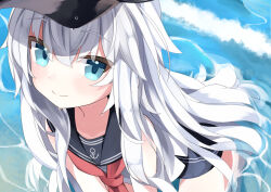 Rule 34 | 1girl, absurdres, all fours, anchor symbol, blue eyes, blush, commentary, flat cap, flat chest, hair between eyes, hat, hibiki (kancolle), highres, kantai collection, light blush, long hair, long sleeves, looking at viewer, neckerchief, rotroto, school uniform, serafuku, skirt, smile, solo, thighs, very long hair, water, white hair