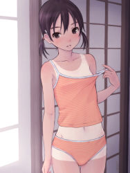 Rule 34 | 1girl, bare arms, bare shoulders, black hair, blush, brown eyes, collarbone, cowboy shot, flat chest, hair ornament, hairclip, looking at viewer, midriff, navel, original, panties, shimano natsume, shirt tan, short hair, short twintails, shorts tan, sleeveless, smile, solo, strap lift, striped clothes, striped panties, striped tank top, tan, tank top, tanline, twintails, underwear