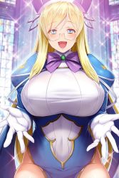 Rule 34 | 1girl, blonde hair, blue dress, blue eyes, blush, bow, bowtie, breasts, covered erect nipples, covered navel, dress, glasses, gloves, hands up, hat, huge breasts, indoors, juliet sleeves, long hair, long sleeves, looking at viewer, melpha, melpha (queen&#039;s blade unlimited), nun, official art, open mouth, puffy sleeves, purple bow, purple bowtie, queen&#039;s blade, queen&#039;s blade unlimited, queen&#039;s blade white triangle, rimless eyewear, sidelocks, smile, solo, taut clothes, white gloves