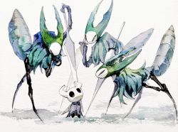 Rule 34 | black eyes, bug, cloak, funeralll black, grey cloak, highres, hollow eyes, hollow knight, knight (hollow knight), looking down, looking up, mantis lord (hollow knight), mask, no humans, painting (medium), shadow, simple background, standing, symbol-only commentary, traditional media, watercolor (medium), weapon