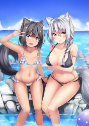 Rule 34 | 2girls, :d, animal ears, arm support, arm up, bare arms, bare shoulders, bikini, black bikini, black hair, blue bikini, blue sky, blush, braid, breasts, brown eyes, cleavage, closed mouth, cloud, collarbone, commentary request, day, green eyes, hair between eyes, halterneck, head tilt, highres, horizon, irohara, large breasts, multiple girls, navel, o-ring, o-ring bikini, o-ring bottom, ocean, open mouth, original, outdoors, side braid, silver hair, single braid, sitting, sky, small breasts, smile, soaking feet, swimsuit, tail, v, water, wet