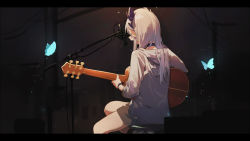 Rule 34 | 1girl, bug, butterfly, demon horns, from behind, guitar, highres, honey strap, hood, hoodie, horns, insect, instrument, letterboxed, long hair, microphone, microphone stand, music, nanashi inc., nape, playing instrument, pointy ears, sh (shinh), shorts, sitting, solo, sougetsu eli, stool, virtual youtuber, white hair