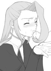 Rule 34 | 00s, 1girl, blush, closed eyes, cum, cum in mouth, cum on body, cum on upper body, cupping hands, greyscale, monochrome, oral, own hands together, rita revant, rose anderson, shichimenchou, simple background, solo, solo focus, solty rei, tears, white background
