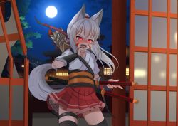 Rule 34 | 1girl, absurdres, animal ears, architecture, arrow (projectile), black thighhighs, blush, bow (weapon), broken door, building, commentary, east asian architecture, english commentary, facial mark, fangs, full-face blush, full moon, glowing, glowing eyes, highres, hotel01, japanese clothes, moon, night, obi, open mouth, original, pleated skirt, quiver, red eyes, sash, short sword, skirt, sliding doors, solo, sword, tail, thigh strap, thighhighs, vanille (hotel01), weapon, wolf ears, wolf tail